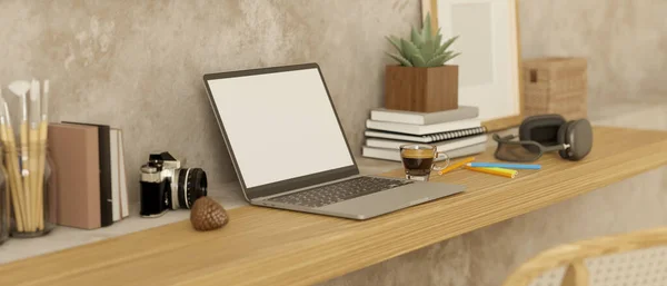 Nahaufnahme Minimaler Arbeitsplatz Mit Laptop Mockup Bildschirm Büchern Schreibwaren Kopfhörern — Stockfoto