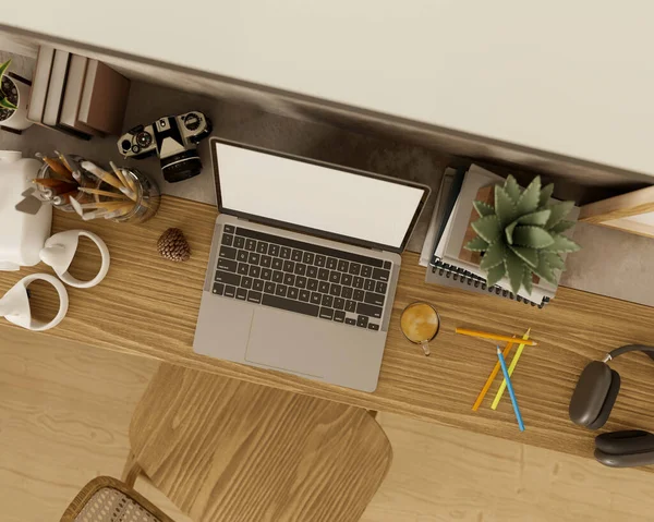 Draufsicht Auf Einen Modernen Minimalen Arbeitsplatz Mit Laptop Computer Attrappe — Stockfoto