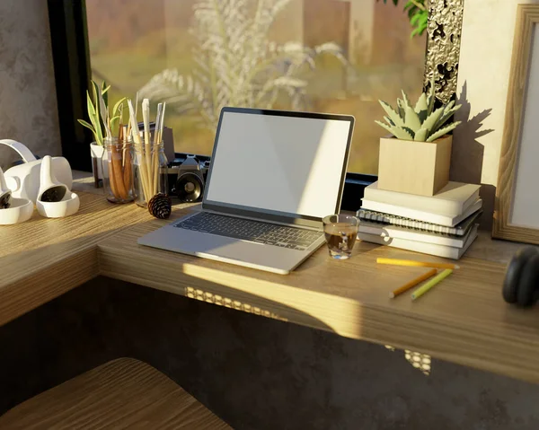 特写镜头 舒适和最小的工作空间与笔记本电脑白色屏幕模型 绘画工具 装饰工厂和东西在木制桌子上靠窗 3D渲染 3D说明 — 图库照片