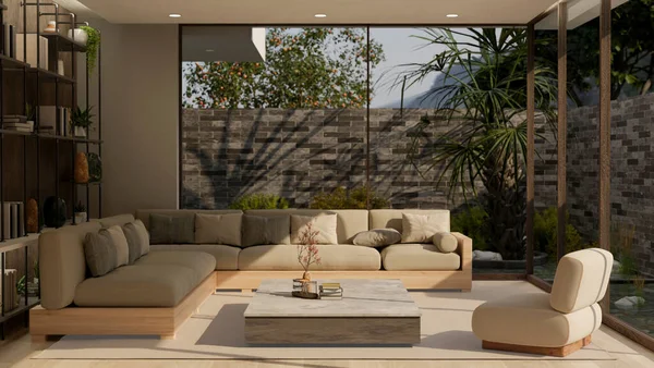 Moderno Contemporáneo Cómodo Diseño Interior Sala Estar Con Jardín Aire — Foto de Stock