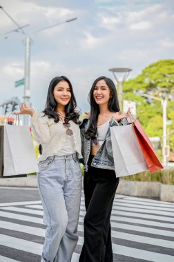 Portre, iki çekici ve güzel Asyalı kadın alışveriş çantalarını taşıyorlar, yaya geçidinde duruyorlar, birlikte alışveriş yapmaktan zevk alıyorlar..