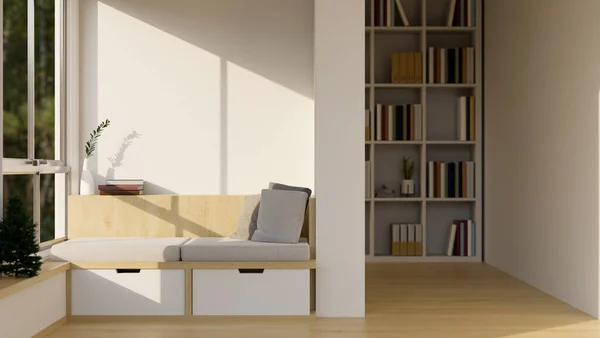 现代最小的家居或公寓客厅或休闲区域室内设计与沙发靠窗 聚餐地板 白墙和装饰 3D渲染 3D说明 — 图库照片