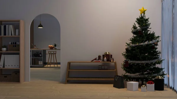 Minimalny Skandynawski Salon Boże Narodzenie Projekt Wnętrz Stołem Drewnianym Choinka — Zdjęcie stockowe