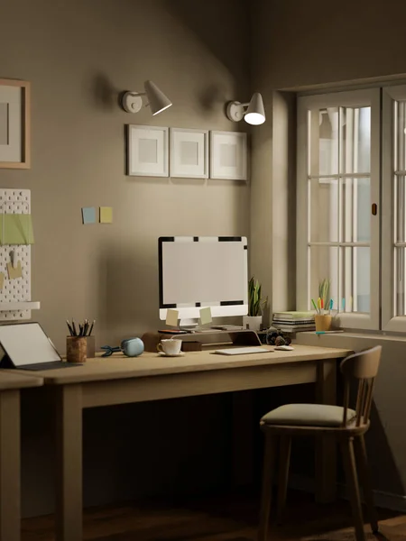 现代家庭办公空间 配有个人电脑 平板电脑 文具和木桌配件 框架和灰色墙壁上的壁灯 3D渲染 3D说明 — 图库照片