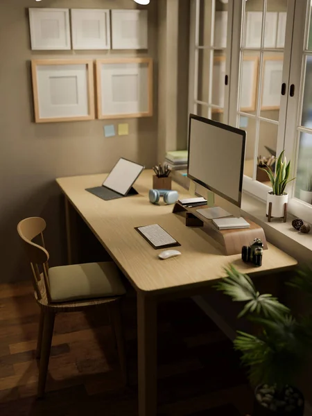 舒适的斯堪的纳维亚家庭办公室室内设计与电脑模拟 平板电脑 相机和配件木材桌子靠窗 舒适的木椅 3D渲染 3D说明 — 图库照片