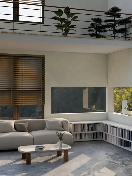 メザニン空間のインテリアデザイン 居心地の良いソファ コーヒーテーブル 屋内植物や家の装飾に対する低本棚と現代の都市の現代的な家庭のリビングルーム 3Dレンダリング 3Dイラスト — ストック写真