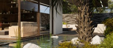 Tropikal bahçeli ve güzel balık havuzlu ev terası. Palmiye ağaçları, taşlar ve bitkiler. Ev hayatı ve rahatlama alanı. 3d görüntüleme, 3d illüstrasyon