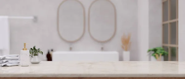 浴室白色大理石台面与毛巾 洗发水瓶 装饰工厂和复制空间模糊的豪华浴室与双水池和镜子的背景 3D渲染 3D说明 — 图库照片