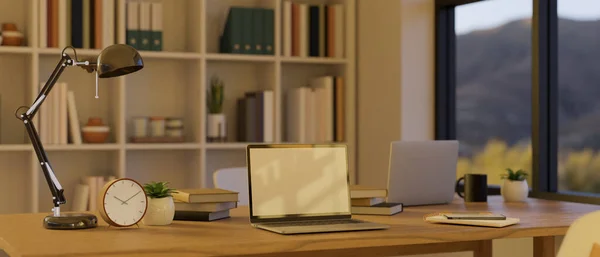 现代城市办公室或协同办公空间室内设计与笔记本电脑 台灯和配件在模糊的书架上的背景 3D渲染 3D说明 — 图库照片