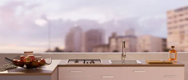 Modern Lägenhet Kök Matlagning Utrymme Med Modernt Kök Bänkskiva Vitt — Stockfoto