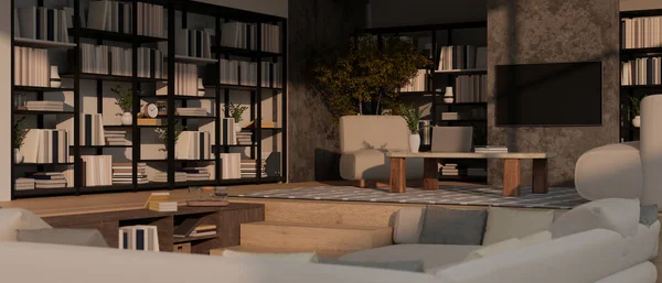 現代的な快適なソファ コーヒーテーブル セメントロフト壁と家庭の装飾でテレビと日焼けリビングルームのインテリアデザイン 3Dレンダリング 3Dイラスト — ストック写真