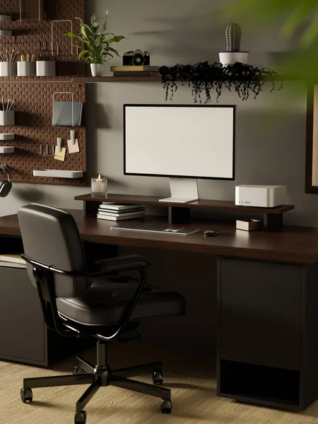 현대의 오피스 스튜디오 인테리어 디자인 컴퓨터 흉내와 어두운 테이블 사무실 — 스톡 사진