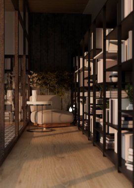 Modern modern ev okuma odası iç tasarımı pencere, yan masa, kitap rafları ve kapalı alan bitkilerine karşı rahat bir sandalye. 3d görüntüleme, 3d illüstrasyon