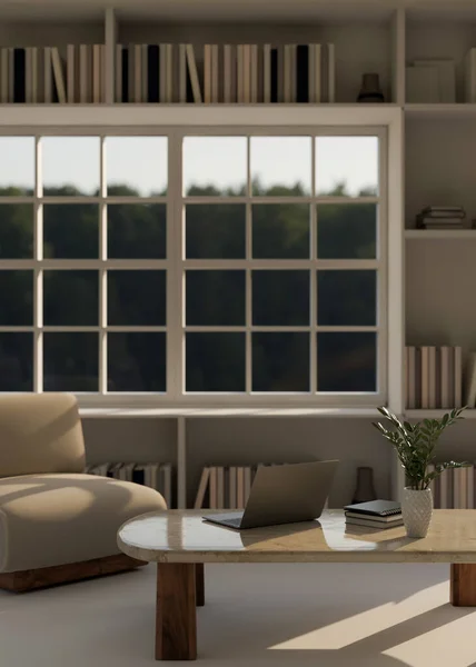 コーヒーテーブル 快適なソファ 下の本棚と窓にラップトップと装飾が施されたモダンな現代的な家庭のリビングルームのインテリアデザイン 3Dレンダリング 3Dイラスト — ストック写真