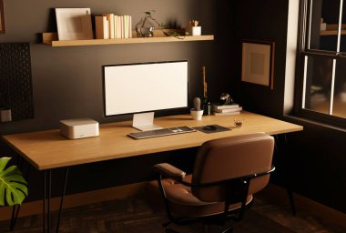 Modern stil karanlık ofis çalışma alanı PC masaüstü bilgisayar modeli ile siyah duvara karşı ahşap masa, klasik kahverengi deri sandalye ve ev dekoru. 3d görüntüleme, 3d illüstrasyon