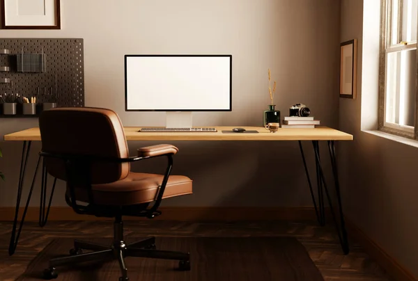 最小的老式家居工作空间与个人电脑台式计算机模型和配件在木桌上 老式棕色车床办公椅和家居装饰 3D渲染 3D说明 — 图库照片