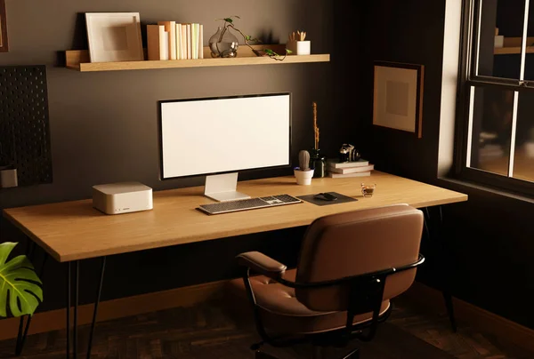现代时尚的深色家居办公空间 电脑台式电脑在木桌上靠墙 老式棕色皮椅和家居装饰 3D渲染 3D说明 — 图库照片