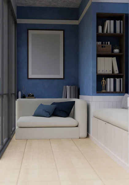 現代的な家庭やアパートのリビングルームのスペースのインテリアデザイン白いソファ 青い壁に装飾やフレームモックアップと棚に建てられました 3Dレンダリング 3Dイラスト — ストック写真