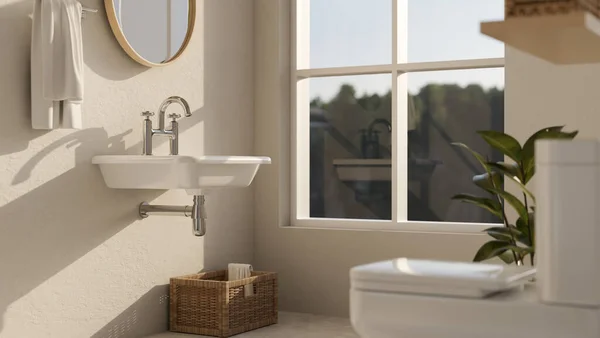 Minimální Bílý Čistý Design Interiéru Koupelny Umyvadlem Zrcadlem Ručníkem Bílé — Stock fotografie
