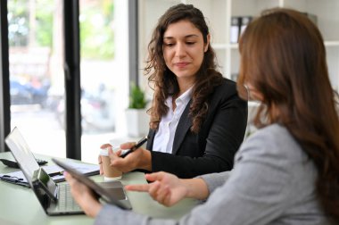 Profesyonel bin yıllık Kafkas iş kadını ya da kadın yönetici ofisinde mali danışmanına danışmanlık yapıyor. Konuşmak, birlikte çalışmak, proje tartışmak..