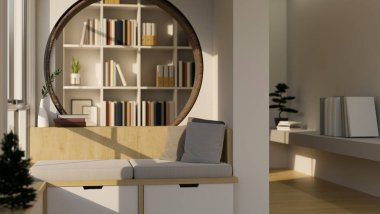 Konforlu ve minimalist oturma odası iç tasarımı. Duvara dayalı kanepe, kitaplıklar, ev bitkileri, beyaz duvar ve ev dekoru. 3d görüntüleme, 3d illüstrasyon