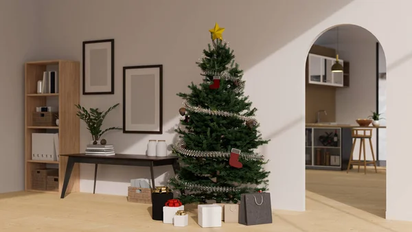 Nowoczesny Komfortowy Minimalistyczny Salon Boże Narodzenie Wystrój Wnętrz Pięknym Choinką — Zdjęcie stockowe