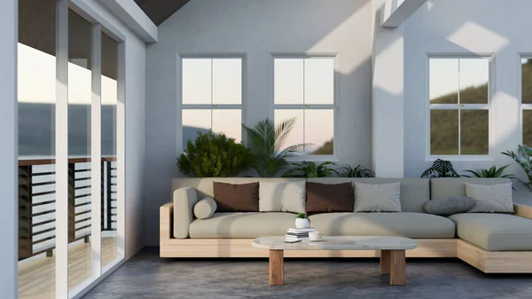 快適なソファ コーヒーテーブル 屋内植物 白い壁 セメントフロア バルコニー付きの現代的な北欧のリビングルームのインテリアデザイン 3Dレンダリング 3Dイラスト — ストック写真