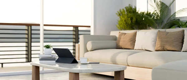 Modern Scandinavian Home Apartment Living Room Interior Design Tablet Accessories — Stock Photo, Image