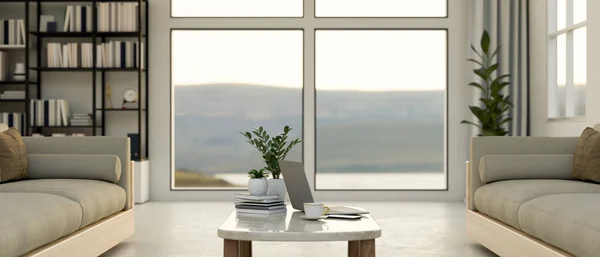 居心地の良いソファ ノートパソコン コーヒーテーブルのアクセサリーを備えたモダンで快適なアパートメントリビングルームのインテリアデザイン 自然の景色を望む家の装飾と窓 3Dレンダリング 3Dイラスト — ストック写真