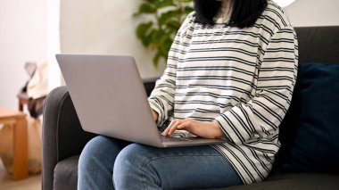 Evden çalışan genç bir Asyalı kadın oturma odasında kanepede oturuyor ve görevlerini yerine getirmek için dizüstü bilgisayar kullanıyor. kırpılmış atış