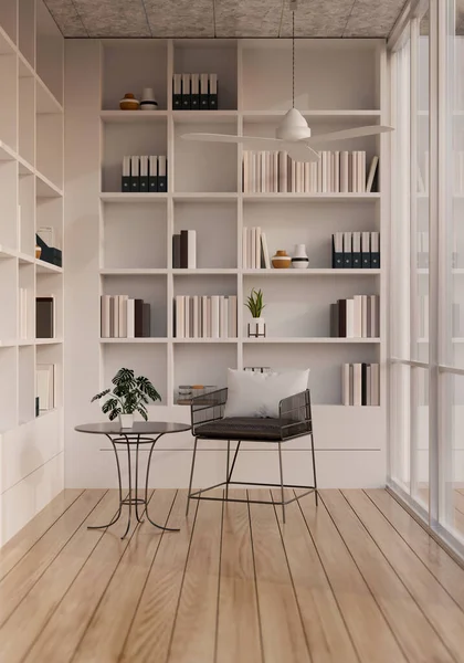現代的な現代的な読書室や木製の板床に近代的な白い組み込みの本棚 天井ファン テーブルやアームチェアとライブラリのインテリアデザイン 3Dレンダリング 3Dイラスト — ストック写真