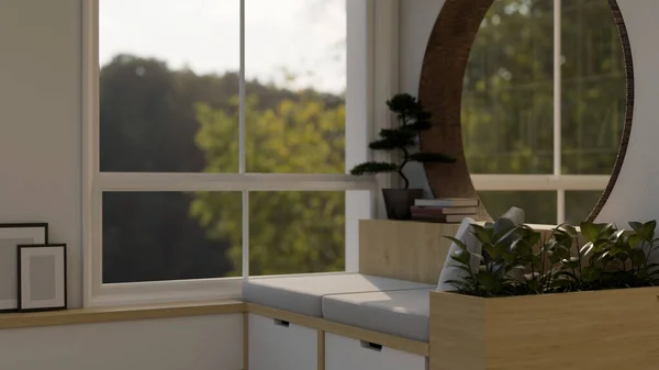 Minimalistisch Moderne Japanische Wohnzimmereinrichtung Mit Sofa Zimmerpflanzen Wohnkultur Fenster Mit — Stockfoto