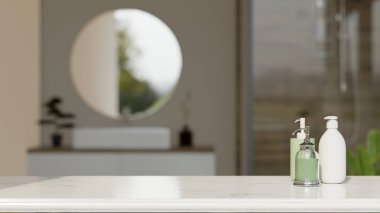 Lüks beyaz mermer banyo masası şampuan şişesi, duş jeli şişesi ve montaj için boş alan arka plandaki bulanık modern banyo üzerindeki ürün sergin. 3d görüntüleme, 3d illüstrasyon