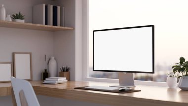 Ahşap masanın üzerine dizayn edilmiş PC masaüstü beyaz ekran, dekorlu raflarda konforlu minimal ofis iç mimari tasarımı. Görüntüyü yaklaştır. 3d görüntüleme, 3d illüstrasyon