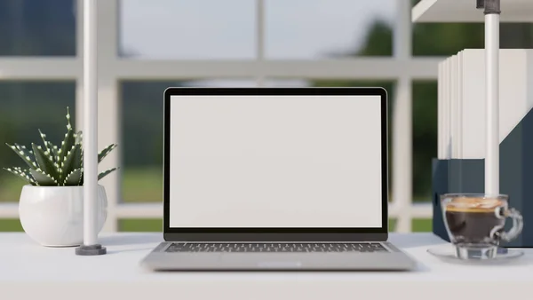 Egyszerű Irodai Íróasztal Munkaterület Notebook Számítógép Fehér Képernyő Mockup Kávé — Stock Fotó