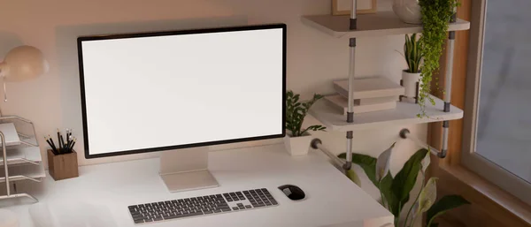 Modern Contemporary Workplace Design White Screen Desktop Computer Mockup Display — Stock Photo, Image