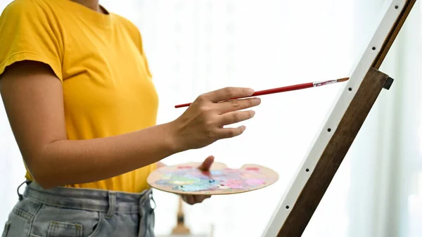 Cropped Shot Professional Talented Asian Female Painter Artist Painting Acrylic — Stock Photo, Image