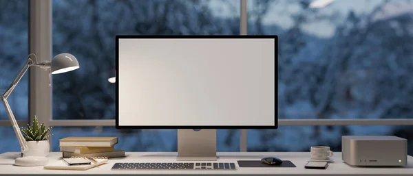 Modern Modern Irodai Íróasztal Munkaterület Asztali Számítógép Fehér Képernyő Mockup — Stock Fotó