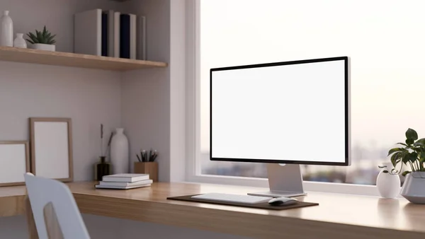 Wygodny Minimalny Wystrój Wnętrz Gabinetu Domowego Komputerem Biały Ekran Makieta — Zdjęcie stockowe