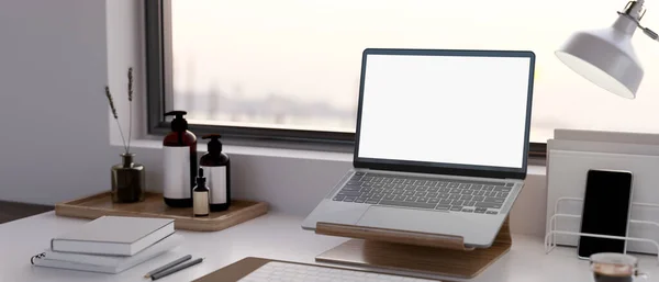 Modern Urban Home Office Workspace Window Notebook Laptop White Screen — Stock Photo, Image