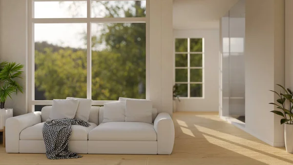 快適で白いソファ 屋内植物 木製の床と白い壁と最小限で快適な家庭のアパートのリビングルームのインテリアデザイン 3Dレンダリング 3Dイラスト — ストック写真