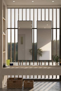 Modern lüks banyo iç tasarımı, cam duvara çift ayna, modern lavabo ve banyo aksesuarları. 3d görüntüleme, 3d illüstrasyon