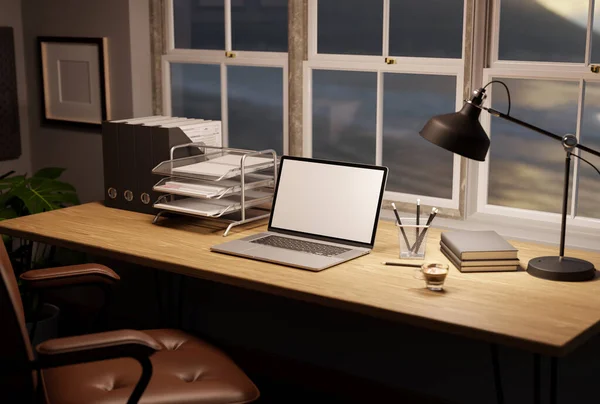 舒适的最小写字台工作空间 配有笔记本电脑白色屏幕模型 台灯和木制桌子上靠窗的办公用品 3D渲染 3D说明 — 图库照片