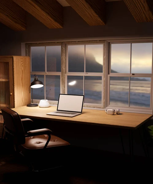 舒适的木制居室室内设计与笔记本电脑空白屏幕模型 耳机木桌靠窗 老式皮革椅子 特写图像 3D渲染 3D说明 — 图库照片