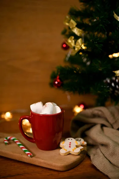 Delicioso Chocolate Quente Com Marshmallow Com Fundo Decoração Férias Natal — Fotografia de Stock