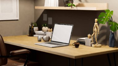 Minimalist ofis çalışma alanı, dizüstü bilgisayar, beyaz ekran maketi kulaklık, kırtasiye malzemesi ve dekorlu gri duvarlı ahşap masa rafları ve dekorasyonlu. 3d görüntüleme, 3d illüstrasyon