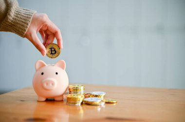 Altın bir bitcoin tutan bir dişinin eli, bir kumbara içine madeni paralar, bir yığın altın para ve ahşap masa üzerindeki domuz kumbarası. Yatırım, tasarruf, finansal konsept