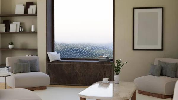居心地の良いソファ コーヒーテーブル 窓ベンチ 組み込みの棚 家の装飾や白い壁にフレームモックアップと北欧と快適な家庭のリビングルームのインテリアデザイン 3Dレンダリング 3Dイラスト — ストック写真