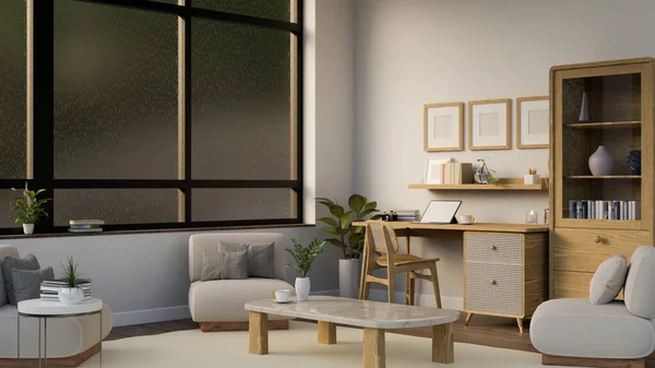 Sala Estar Confortável Contemporânea Com Espaço Trabalho Design Interiores Sofá — Fotografia de Stock
