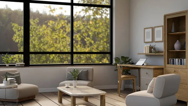 快適なソファ 木製の作業テーブル キャビネット 木製の床 および自然の景色を望む大きなガラス窓を備えた快適でミニマリストのリビングルームのインテリアデザイン 3Dレンダリング 3Dイラスト — ストック写真